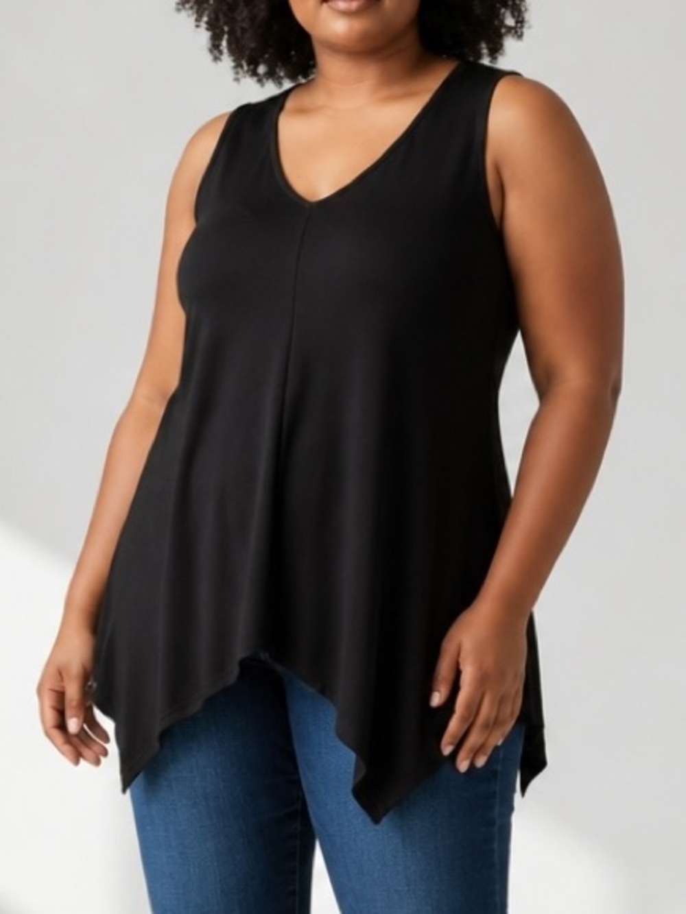 Black V-Neck Handkerchief Hem Tank Top - Women